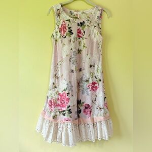 Bombay Paisley Floral Linen Dress with Eyelet Lace Trim - Medium